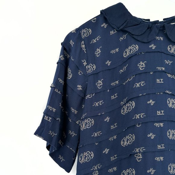 Nice Things Paloma S Navy Blue Short Sleeve Printed Ruffle Collar Midi Dress - Picture 3 of 8